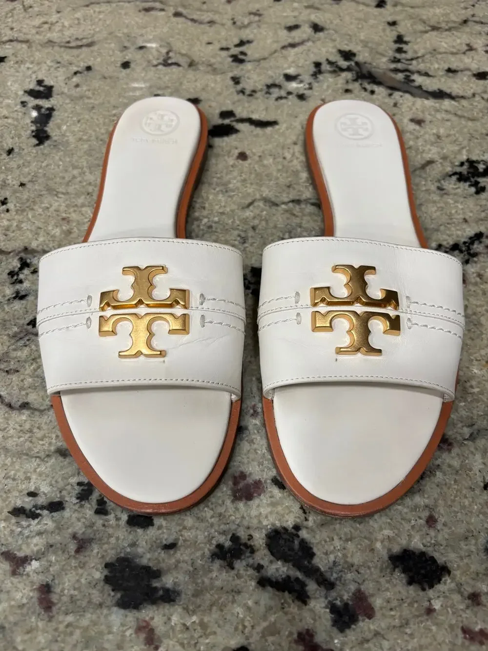 Tory Burch White Slide Sandals Gold Hardware